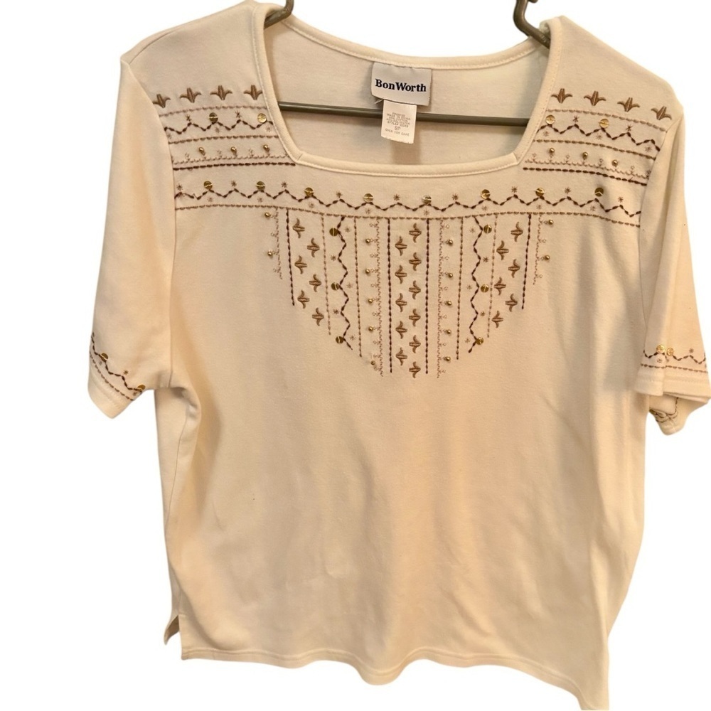 Bon Worth Vintage Cream Embroidered Beaded Short Sleeve Blouse Top Size SP